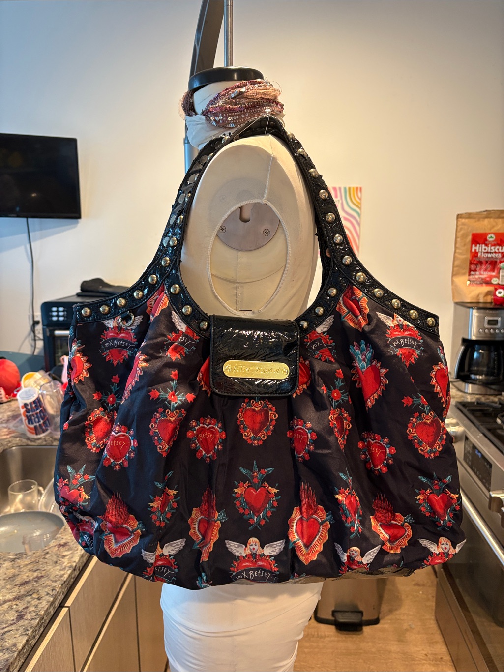 Rare Vintage Betsey Johnson Black Shoulder Bag With Red Heart Motif